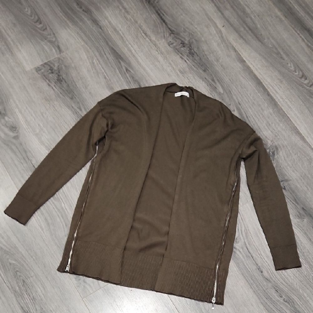 Zara Olive Green Zipper Open Cardigan Sweater
